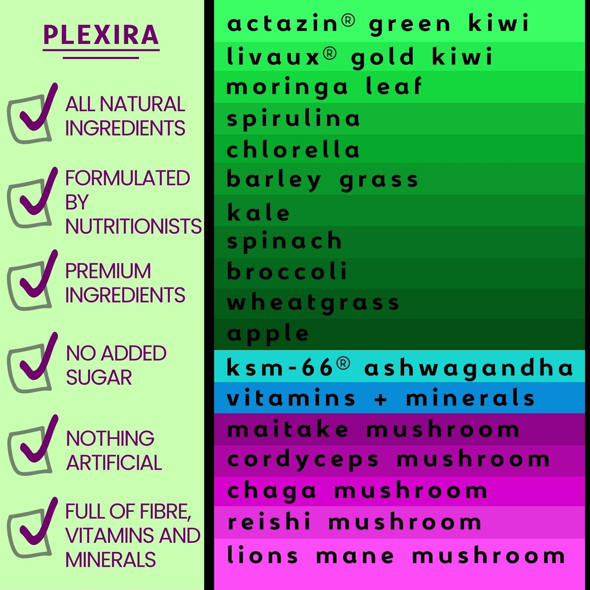 Plexira superfood blend ingredients list highlighting all-natural components for gut health and nutrition.