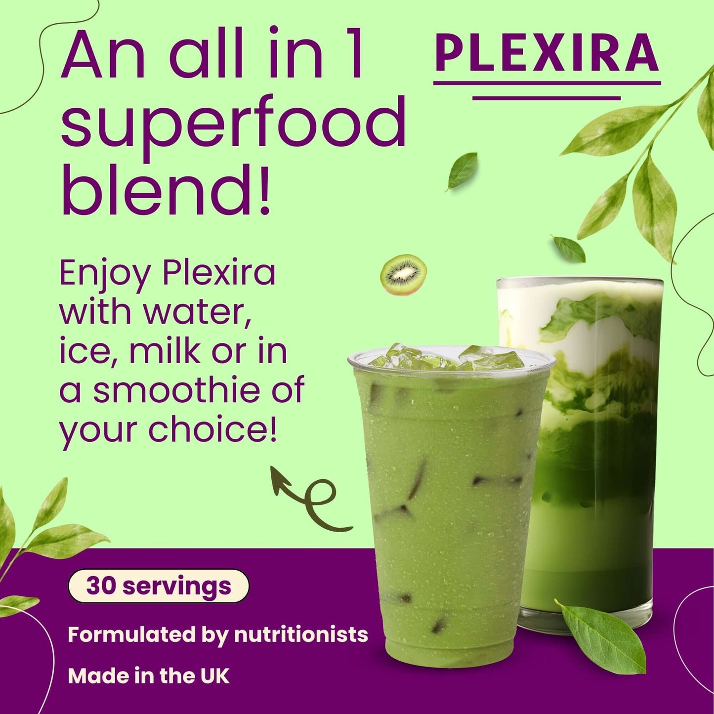 Plexira superfood blend advertisement with two drinks, highlighting versatility and nutrition for gut health.