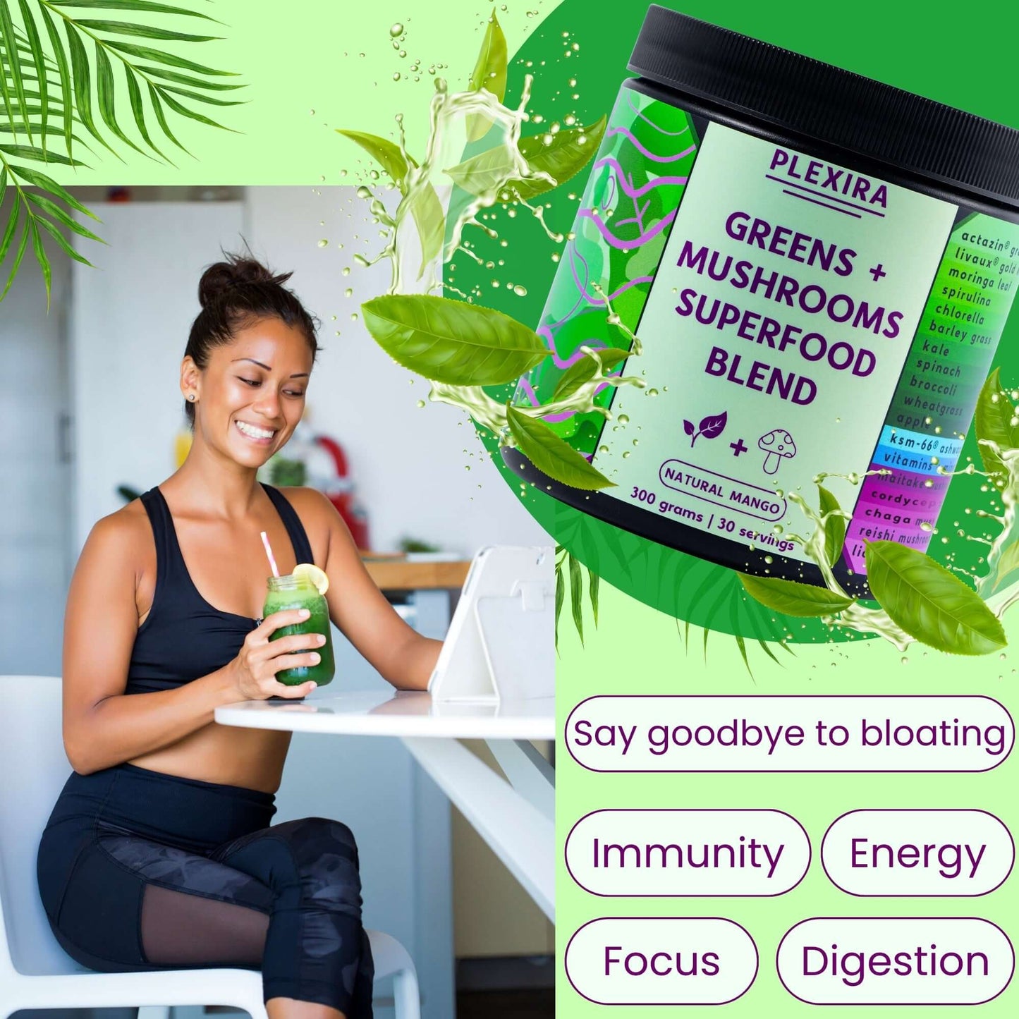 Plexira Greens + Mushrooms Superfood Blend in mango flavor, promoting gut health and wellness, with a woman enjoying a smoothie.