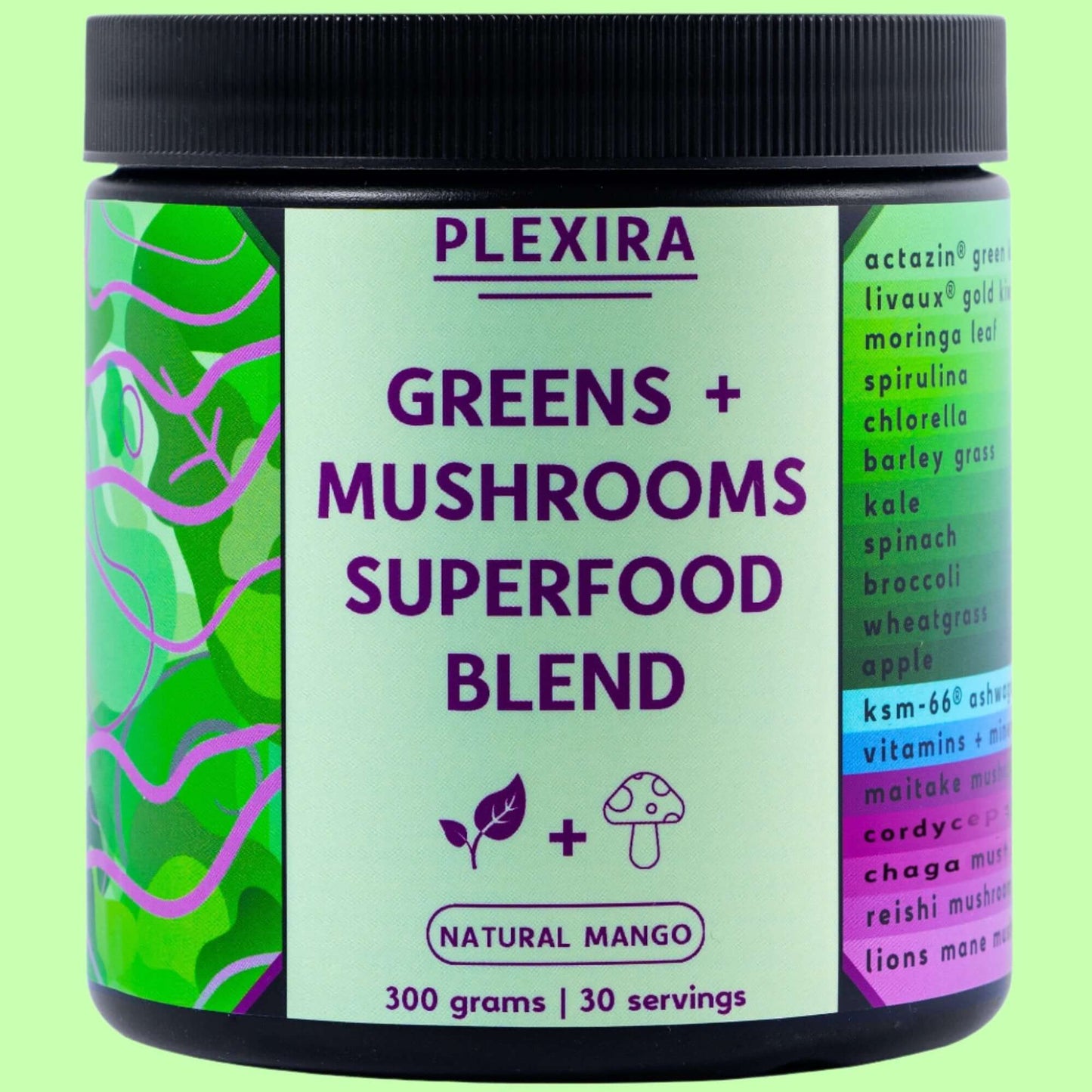 Plexira Greens + Mushrooms Superfood Blend 300g jar, natural mango flavor, gut health superfood powder with adaptogens and mushrooms.