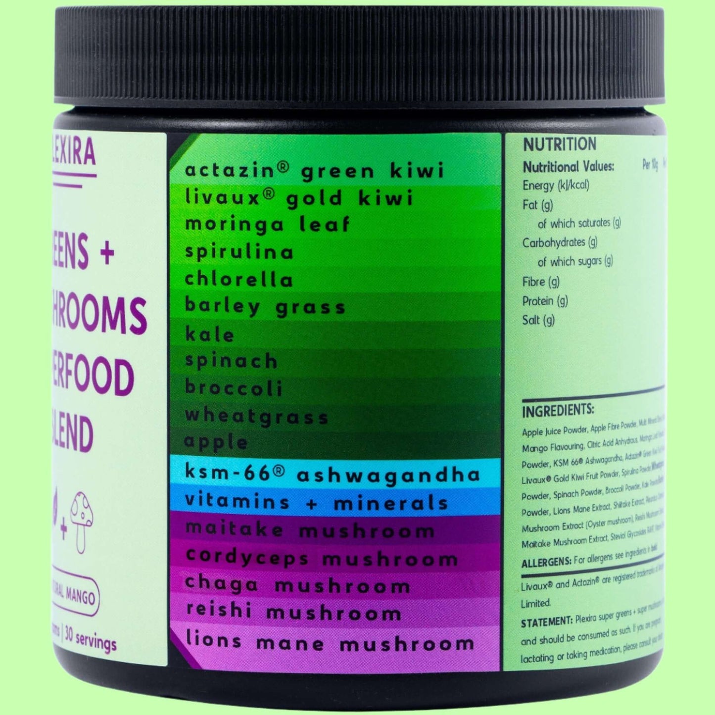 Plexira Greens + Mushrooms Superfood Blend jar showcasing ingredients for gut health and vitality, 300g, mango flavor.