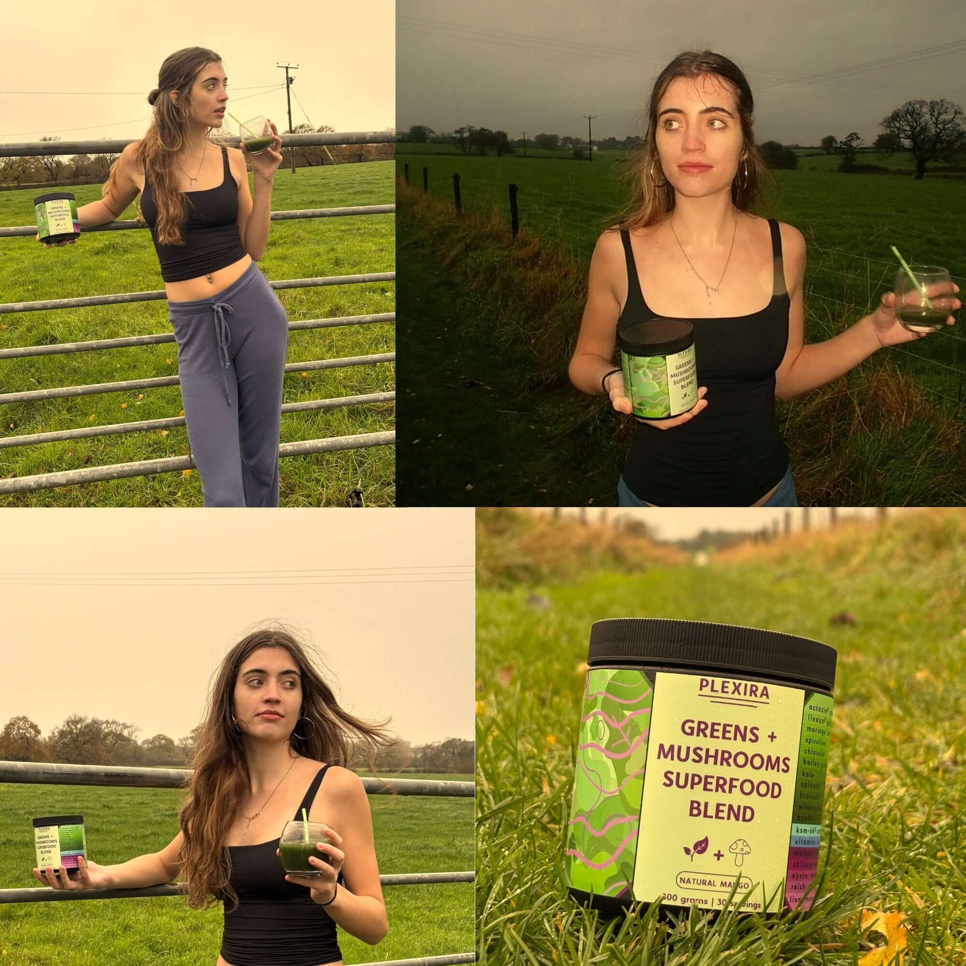 Young woman holding Plexira Greens + Mushrooms Superfood Blend in a field, showcasing gut health and natural ingredients.