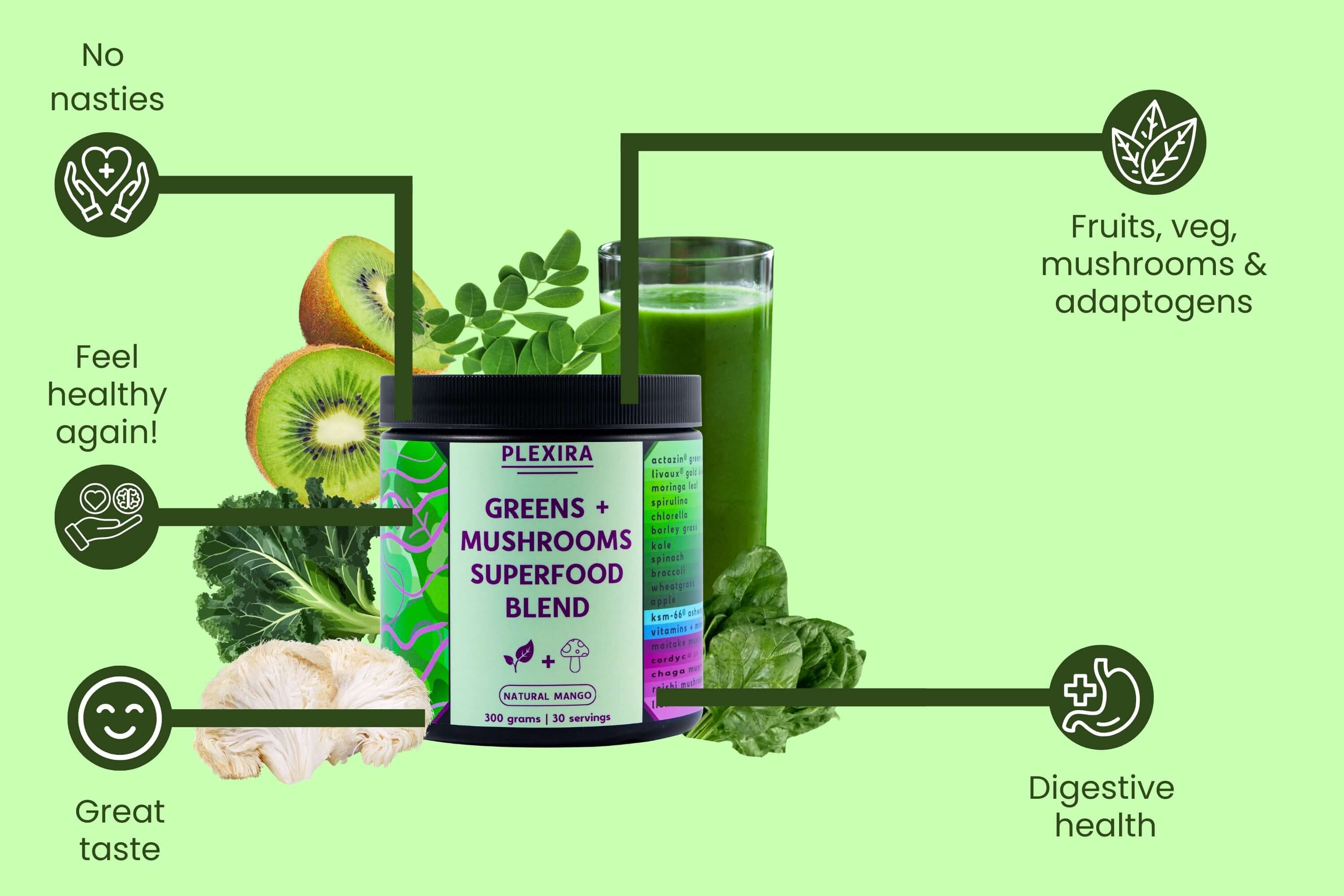 Plexira Greens + Mushrooms Superfood Blend with fruits, veggies, and mushrooms for gut health and great taste.